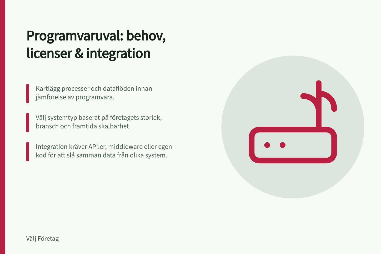 Programvaruval: behov, licenser & integration: Kartlägg processer och dataflöden innan jämförelse av programvara.; Välj systemtyp baserat på företagets storlek, bransch och framtida skalbarhet.; Integration kräver API:er, middleware eller egen kod för att slå samman data från olika system.