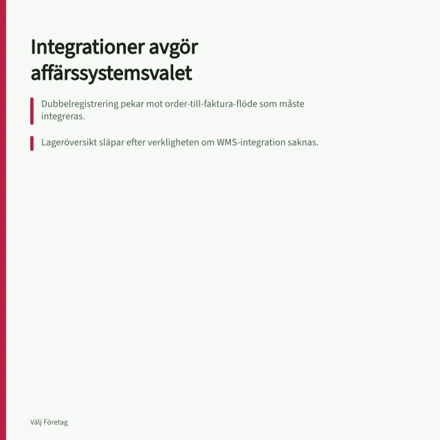 Integrationer avgör affärssystemsvalet: Dubbelregistrering pekar mot order-till-faktura-flöde som måste integreras.; Lageröversikt släpar efter verkligheten om WMS-integration saknas.; Tvåvägssynk krävs för realtid i kund- och lagerdata. Så bedömer du integrationer vid val av affärssystem